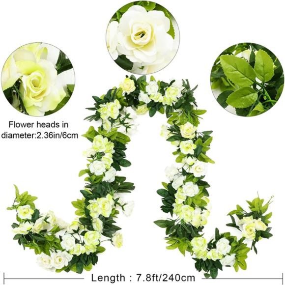 Artificial RoseVines Flower Garland Hanging Silk RoseVine Wedding,OffWhite+Green - Picture 3 of 6